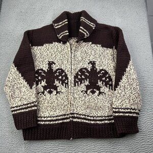Vintage Cowichan Style Hand Knit Sweater Zip Front Eagle Native American Pattern